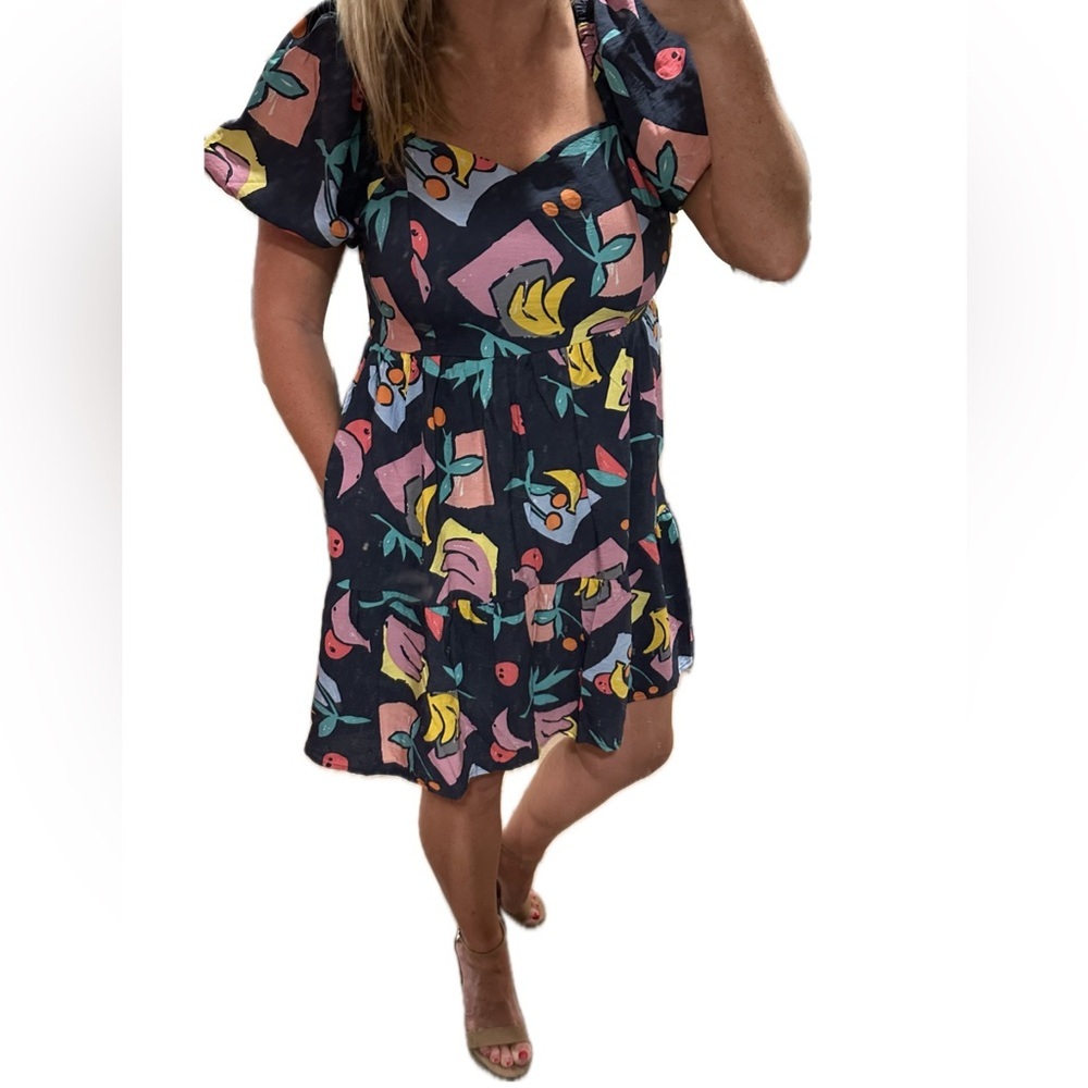 JODIFL Navy Floral Babydoll Dress with Pink Yellow Green Accents - Picture 3 of 8